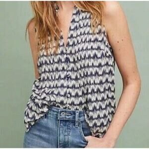 Anthropologie Maeve Ikat Pintuck Tank Top sleeveless high low blue gray white